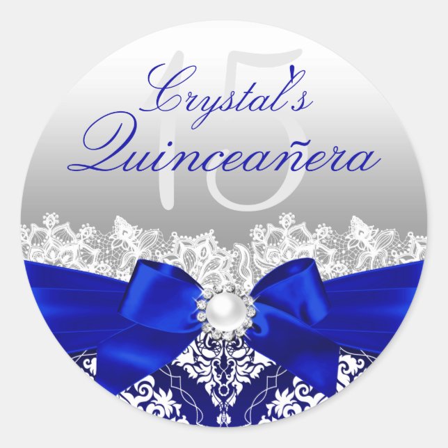Royal Blue Damask & Pearl Bow Quinceanera Pegatina (Anverso)