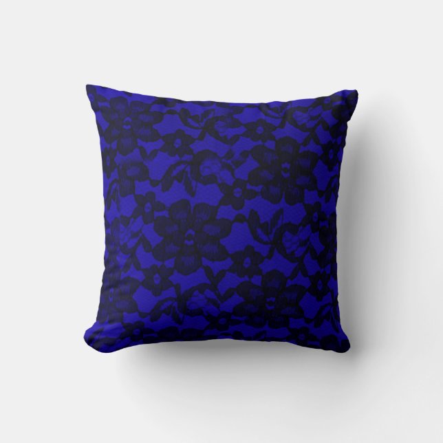 Royal Blue Floral Black Lace Cojín decorativo (Anverso)