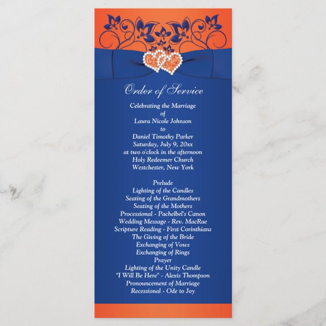 Royal Blue, floral Naranja, programa de casamiento (Anverso)