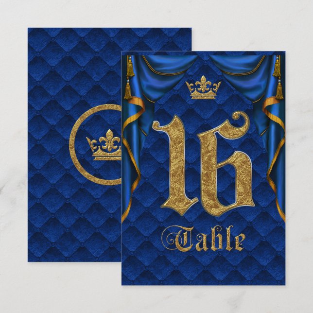 Royal Blue Gold Crown Boda Número de Mesa 16 (Anverso / Reverso)