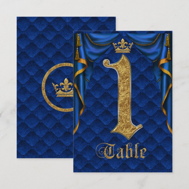 Royal Blue Gold Crown Número de Mesa de Boda 1 (Anverso / Reverso)