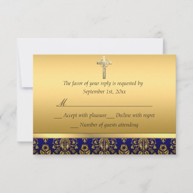 Royal Blue & Gold Damask Cross Baptism RSVP (Anverso)