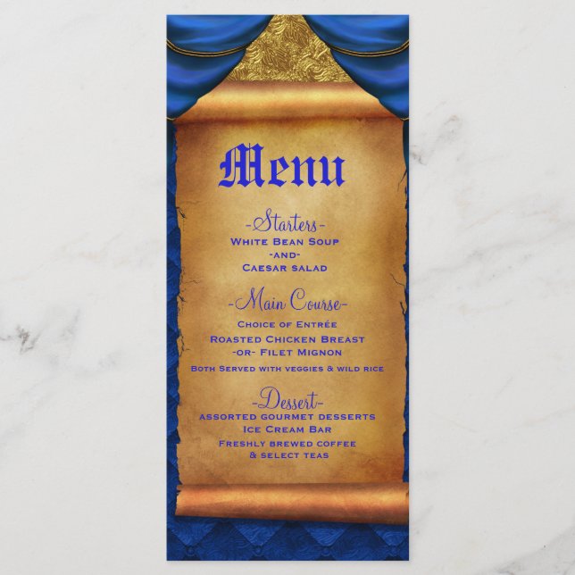 Royal Blue Gold Drapes Scroll Boda Menú (Anverso)