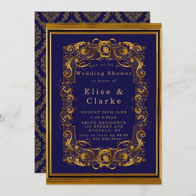 Royal Blue Gold Flourish Wedding Shower invita (Anverso / Reverso)