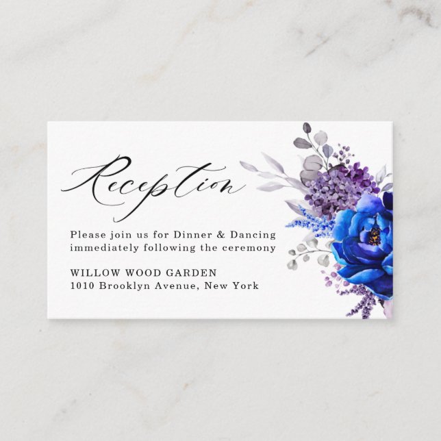 Royal Blue Lilac Morple Floral Wedding Recepción (Anverso)