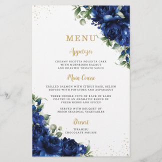 Royal Blue Roses Floral Flowers Menu Sheet 