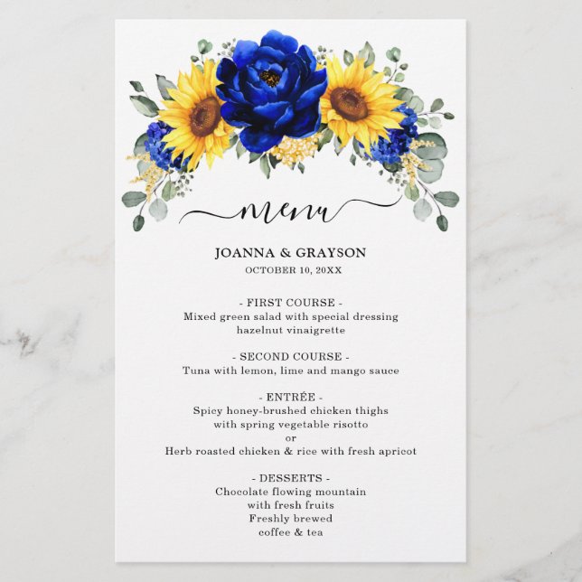Royal Blue Rustic Sunflower Menú Boda moderno (Anverso)