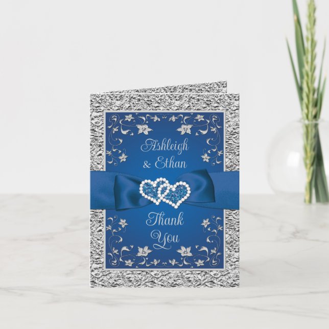 Royal Blue, Silver Love Hearts Gracias Tarjeta (Anverso)
