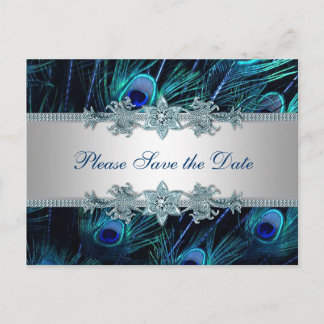 Royal Blue Silver Peacock Tarjeta de Boda Save the