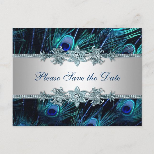 Royal Blue Silver Peacock Tarjeta de Boda Save the (Anverso)