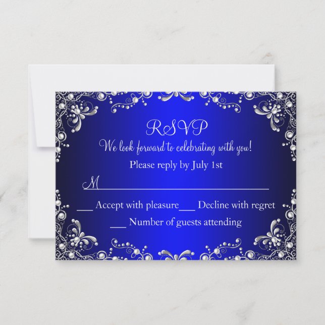 Royal Blue Silver Pearl Damask Sweet 16 RSVP (Anverso)