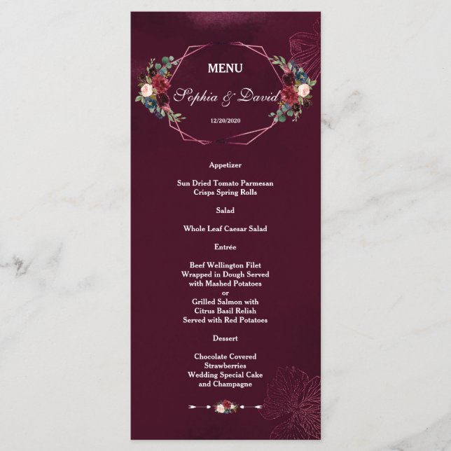 Royal Burgundy Floral Geometric Boda Menu (Anverso)