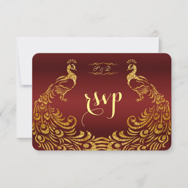 Royal Burgundy Gold Peacock Wedding RSVP (Anverso)