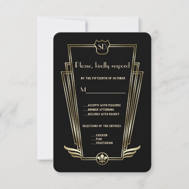 Royal Gold Art Deco Boda Monograma RSVP (Anverso)