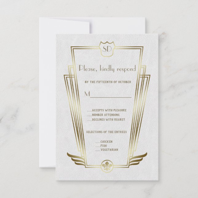 Royal Gold Art Deco Monograma Boda Blanca RSVP (Anverso)