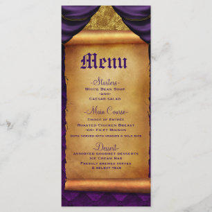 Royal Purple Gold Drapes Scroll Boda Menú
