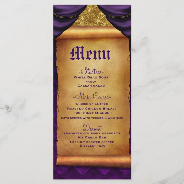 Royal Purple Gold Drapes Scroll Boda Menú (Anverso)
