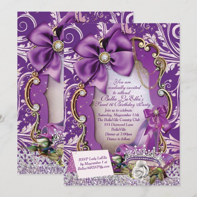Royal Purple Princess Sweet 16 Invitación (Anverso / Reverso)