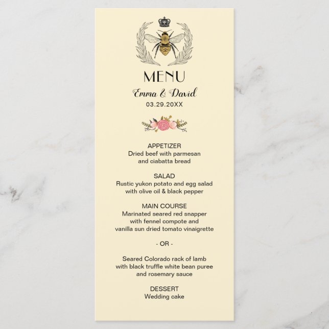 Royal Queen Bee Laurel Wreath Floral Boda Menú (Anverso)