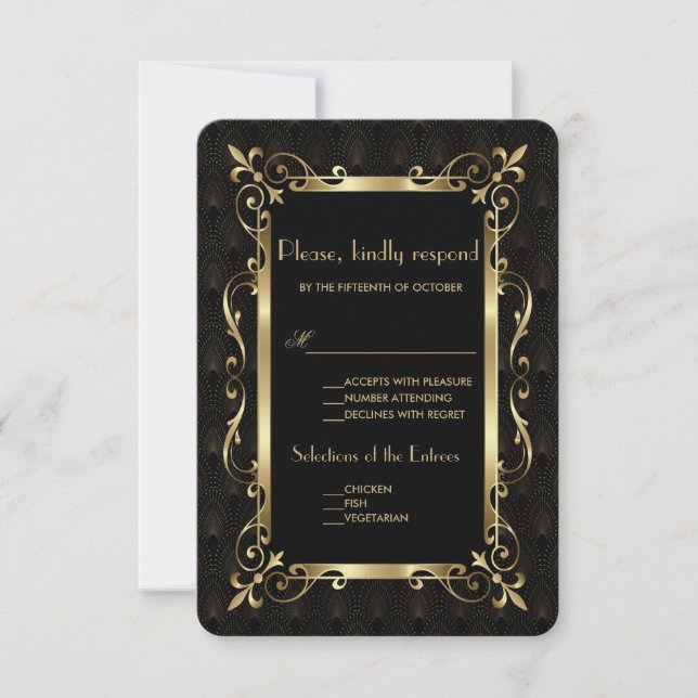 Royal Roaring 20's Gold Art Deco Wedding RSVP (Anverso)