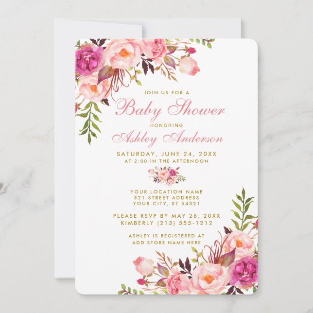 RP de invitación a Rubor Gold Floral Baby Shower r (Anverso)