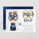 RSVP 80th Birthday Navy Blue Cake<br><div class="desc">Esta fabulosa tarjeta RSVP de cumpleaños número 80 para hombres con una torta azul marino y dorada de dos capas con globos azul marino y dorado, el número 80 en oro y azul brillante sería perfecto para pedirle a la gente que le diga si asistirán a la fiesta de cumpleaños...</div>