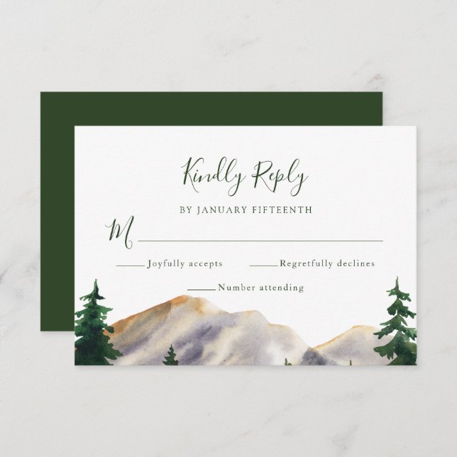 RSVP Acuarela Rústica Montañas Boda Verde (Anverso / Reverso)