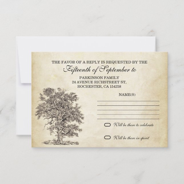 rsvp antiguo de árbol vintage para diseño boda (Anverso)