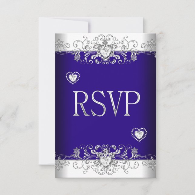 RSVP Azul Real Boda Corazones de Diamante Blanco 2 (Anverso)