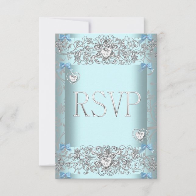 RSVP Azul Turquesa Damask Boda Corazones de Diaman (Anverso)