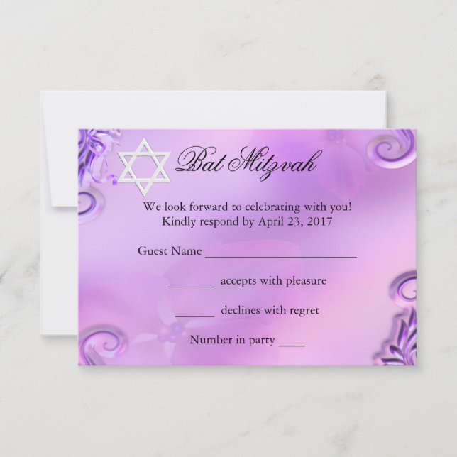 RSVP Bat Mitzvah Chica Bonito Morado Floral Rosa (Anverso)