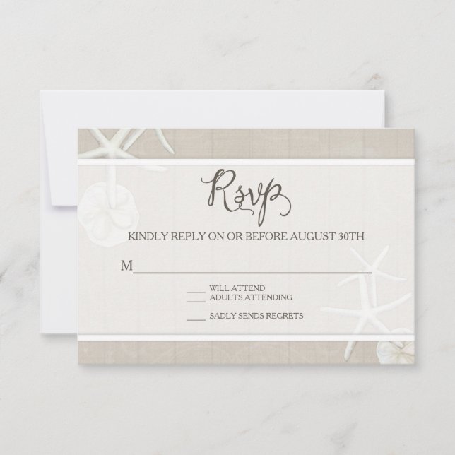 RSVP Beach Wedding Starfish Damask Madera simple (Anverso)
