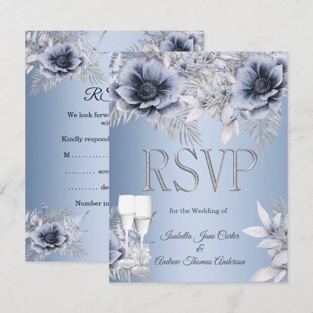 RSVP Boda Azul Ramo Floral de Plata Champán (Anverso / Reverso)