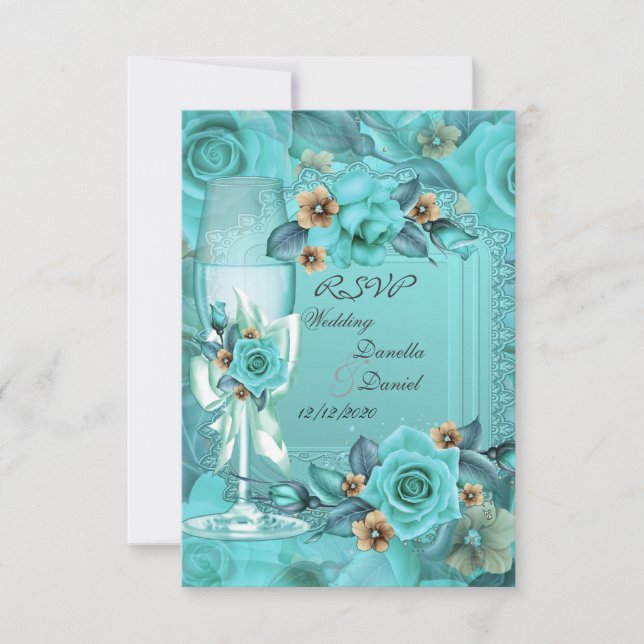 RSVP Boda Azul Teal Beige Rosas Flores 3 (Anverso)