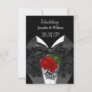 RSVP Boda Black White Tuxedo Aguja profunda ROJA