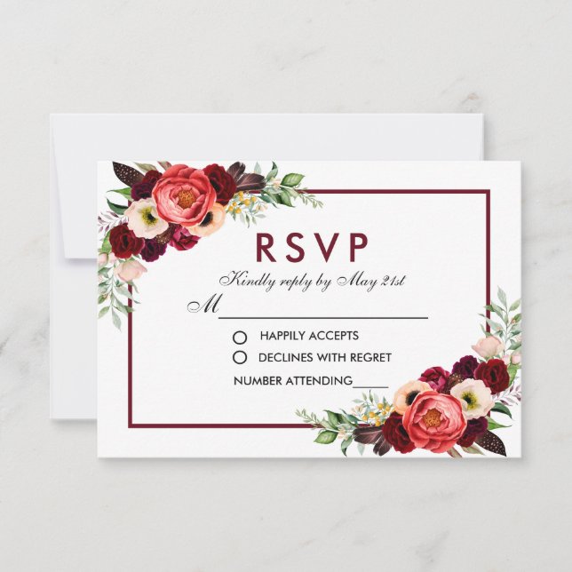 RSVP Boda Boho Floral Acuarela Borgoña (Anverso)
