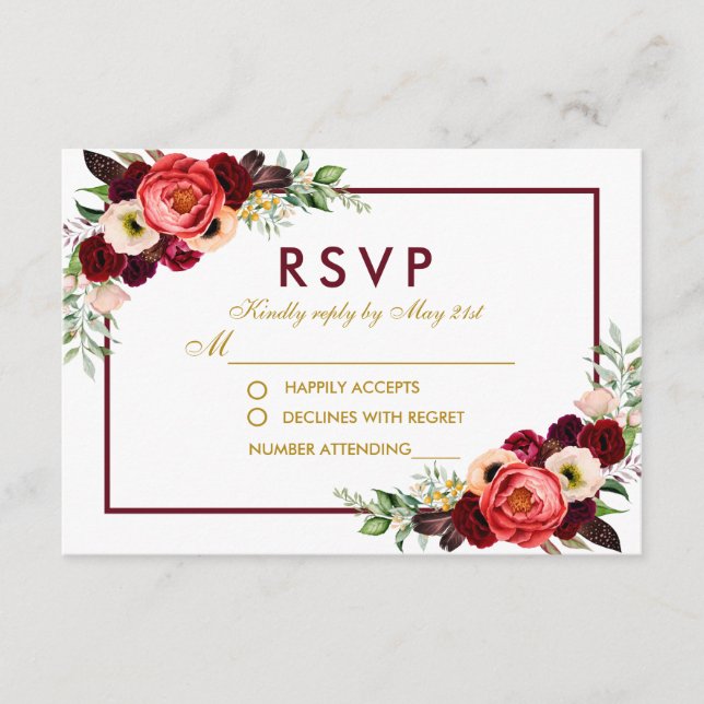 RSVP Boda Boho Floral Burgundy Acuarela Dorado (Anverso)