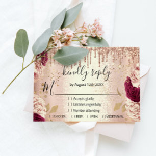 RSVP Boda Brillo Novia Rosa Oro Drips Borgoña
