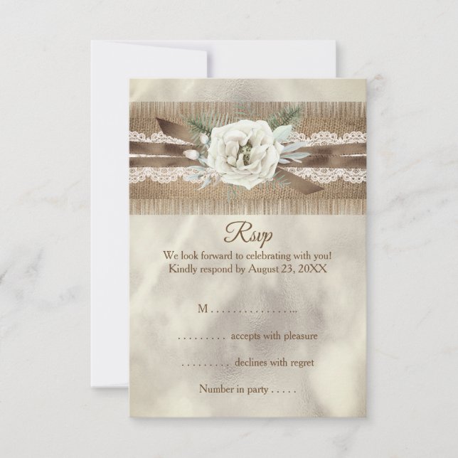 RSVP Boda Burlap Beige White Rose Lace Bow (Anverso)