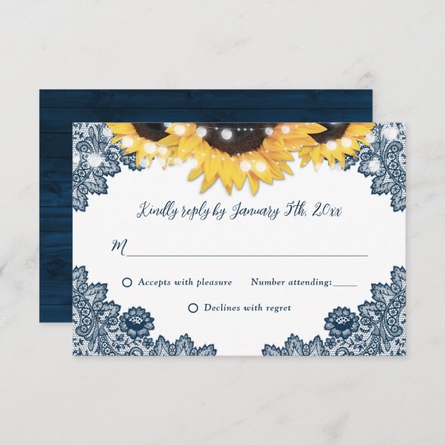 RSVP boda de girasol de encaje de madera azul rust