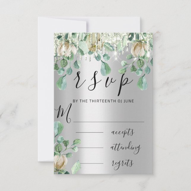 RSVP Boda de gotas de plata Mint Green Florals (Anverso)