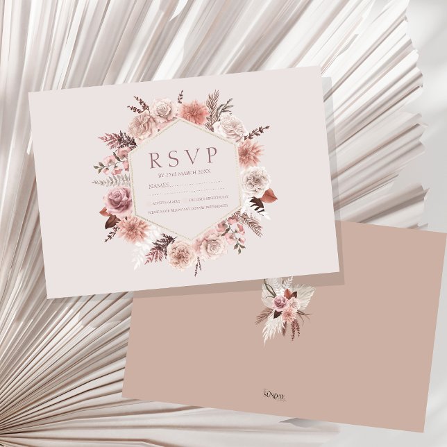 RSVP Boda de hierba de pampas rústicas (Boho Dusty Pink Dried Flowers Wreath Wedding RSVP Card)