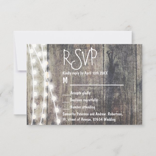 RSVP boda de luces de cuerda y madera rústica (Anverso)