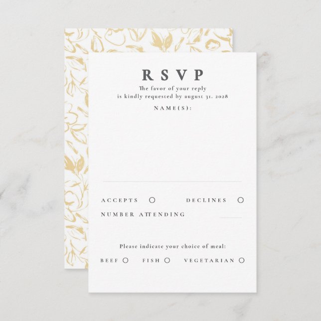 RSVP Boda de Patrón Floral de Oro dibujada a mano (Anverso / Reverso)