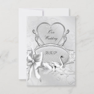 RSVP Boda Elegante Cisnes Corazón Blanco Plata