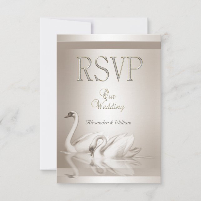 RSVP Boda Elegante Cisnes Damask Crema Blanco (Anverso)