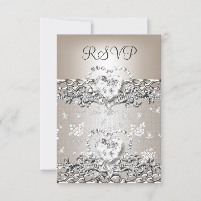 RSVP Boda Elegante Corazón de Diamante Plateado Cr (Anverso)