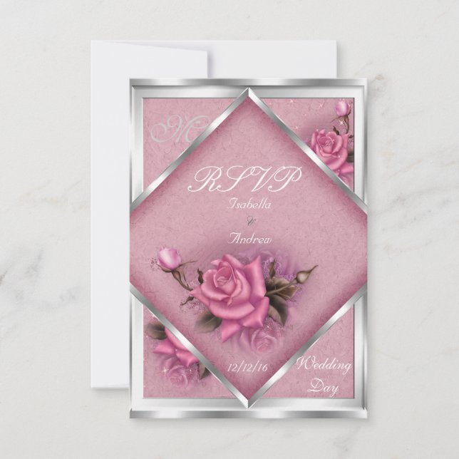 RSVP Boda Elegante Rosa Pink Plata Ramo (Anverso)