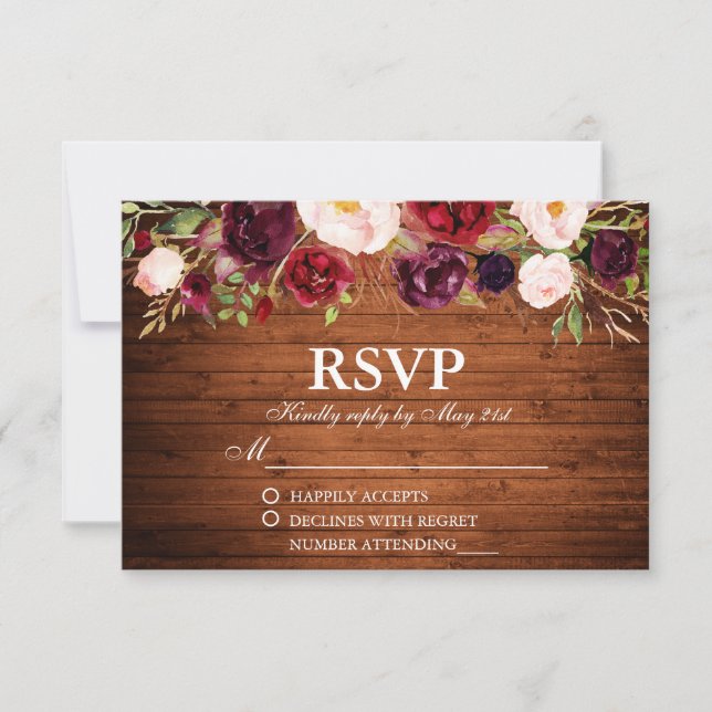 RSVP Boda Floral de Madera Rústica de Borgoña (Anverso)