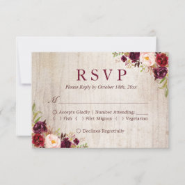 RSVP boda floral roja de borgoña de madera rústica